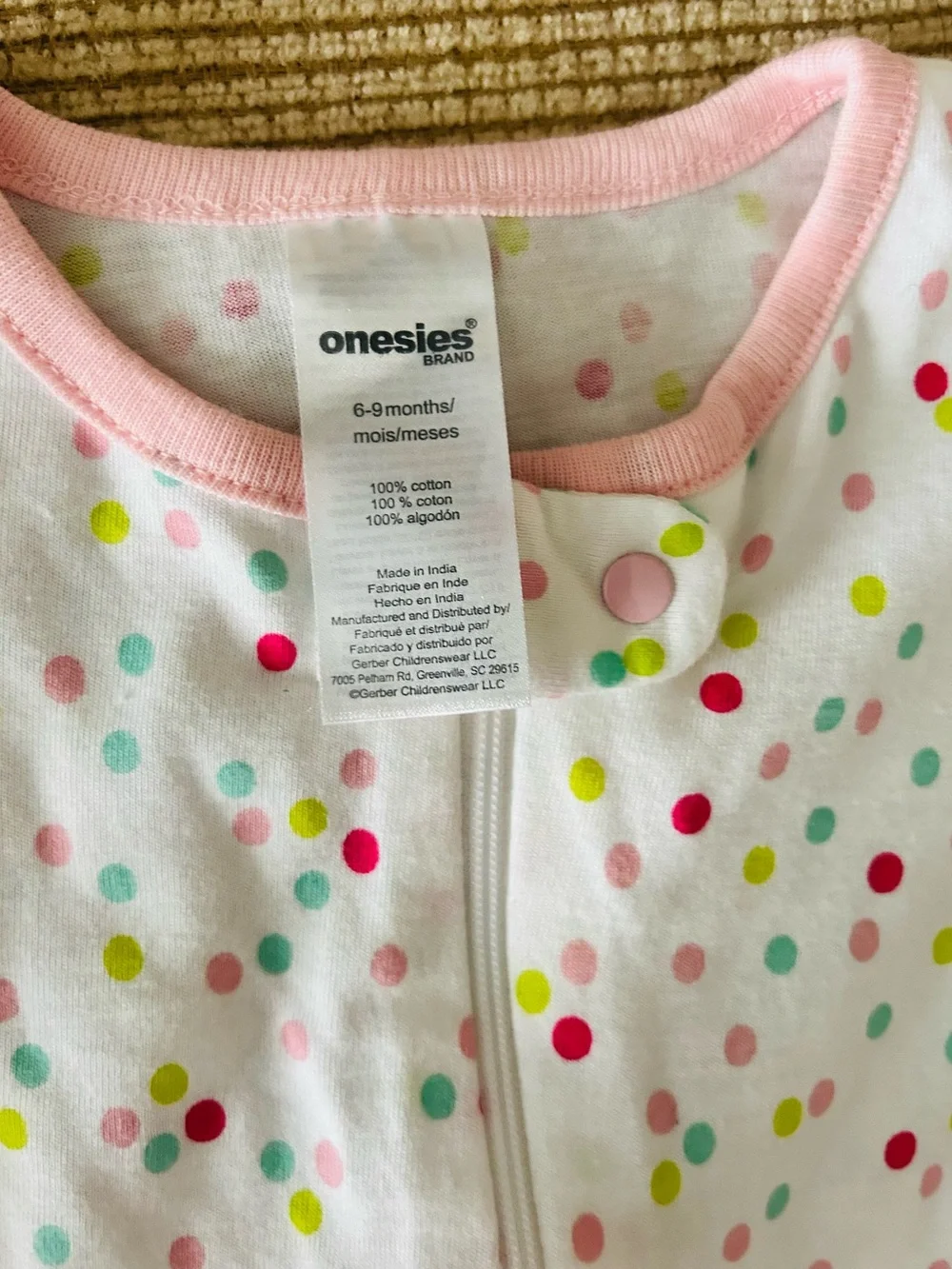 White Polka Dot Zip-Front Baby One-Piece with Pink Trim